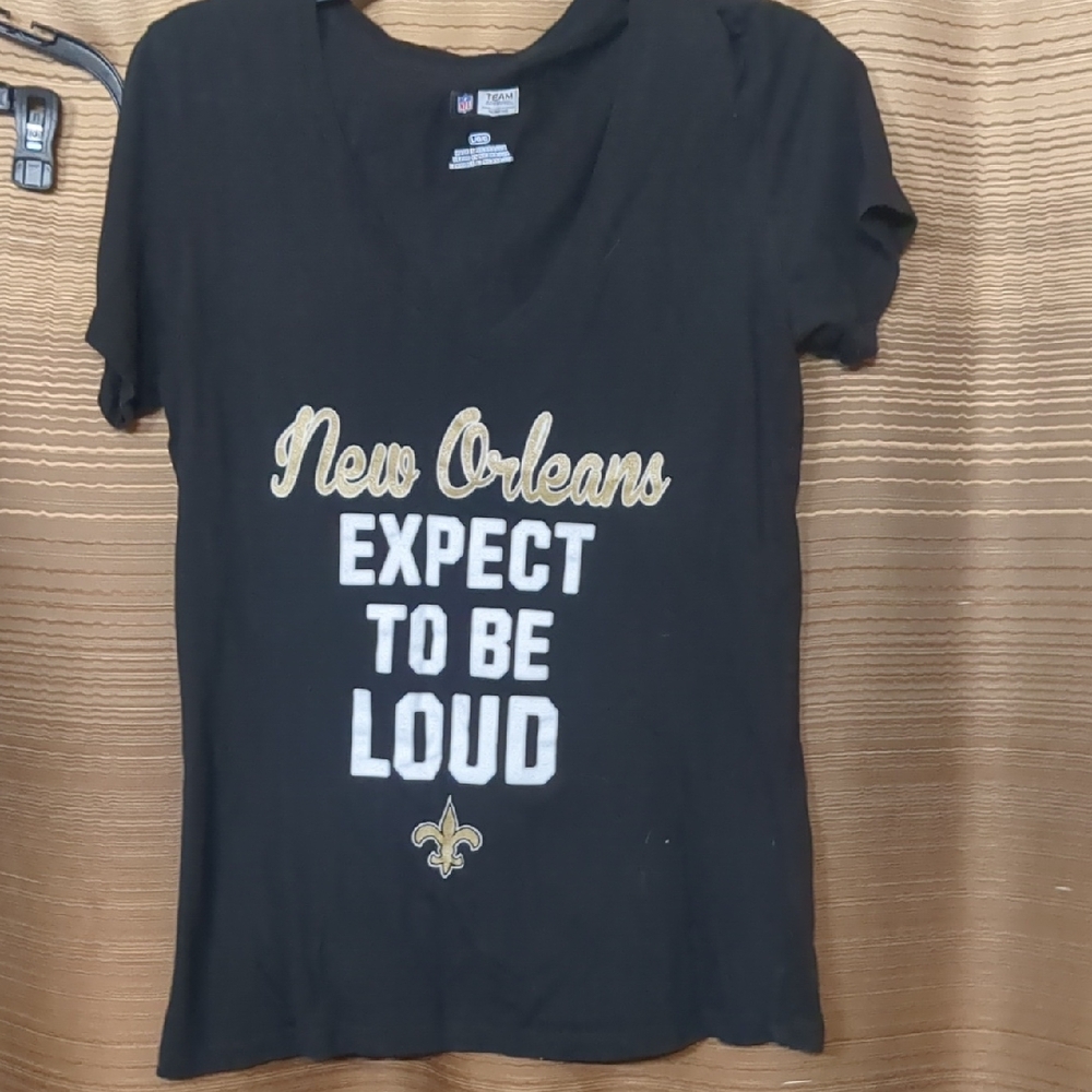 NFL New Orleans Black V-Neck Tee with Gold and White Print